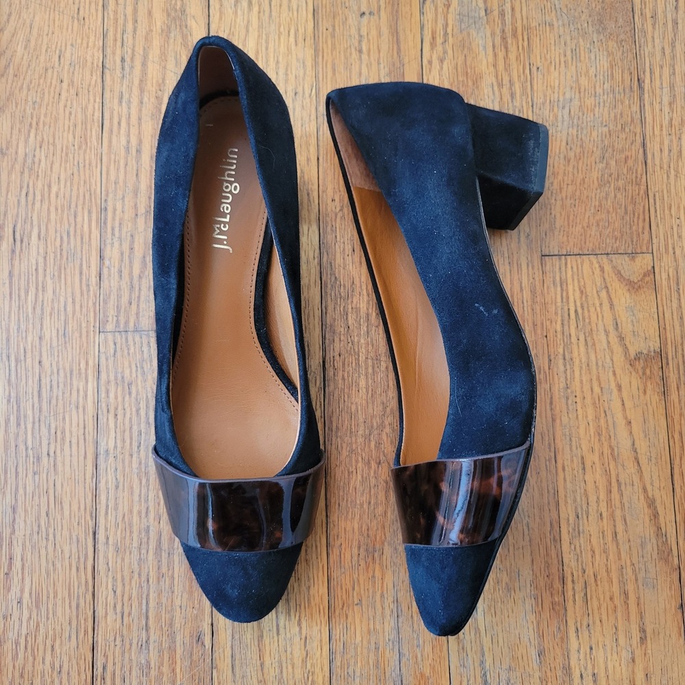 J McLaughlin 6.5 Pumps Black Suede Tortoiseshell Block Heel Pointed Toe Classic